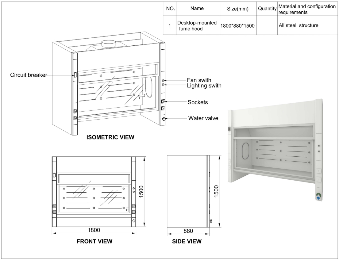 Benchtop fume hood details